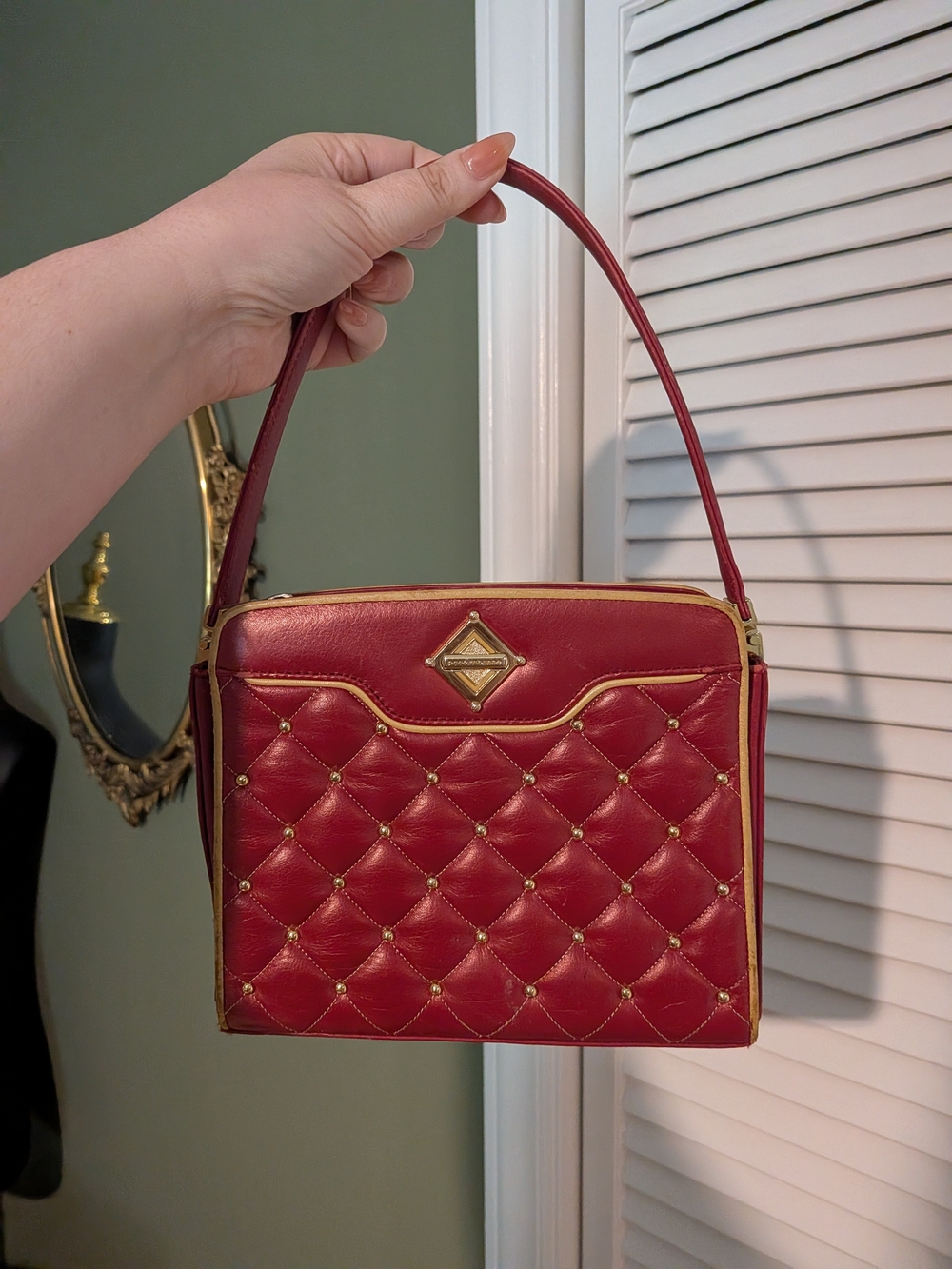 Paco Rabanne Unique Vintage Quilted Red Leather Bag with Gold Stud Accents